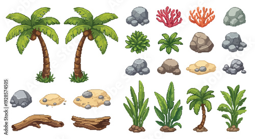 A collection of pixel-art tropical island elements including palm trees, various rocks, sand patches, coral, plants, and driftwood, perfect for game environments.