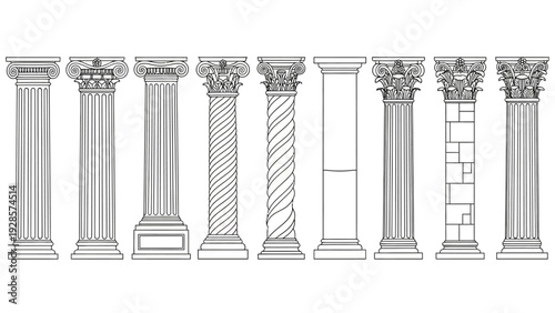 Classical Architectural Columns Line Art Collection Featuring Various Ancient Greek and Roman Pillar Styles and Historical Building Elements for Design and Education