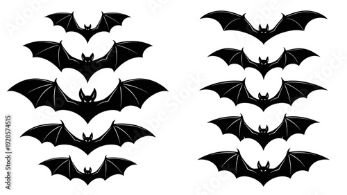 Spooky black bat silhouettes vector illustration set for Halloween decorations, eerie night scenes, and nocturnal creature-themed graphic design elements, featuring a gradient of sizes for versatile.
