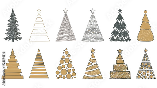 Collection of stylized Christmas trees in various artistic drawings and patterns, perfect for holiday decorations and festive designs