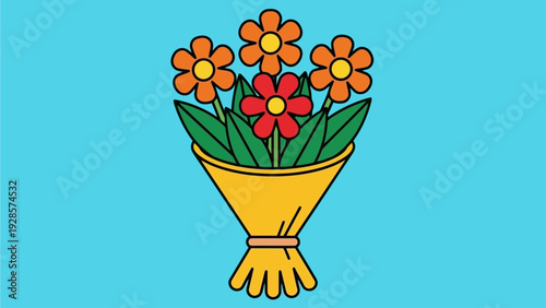 A vibrant illustration of a bouquet of cheerful orange flowers with red centers and green leaves, elegantly wrapped in a yellow paper on a bright blue background