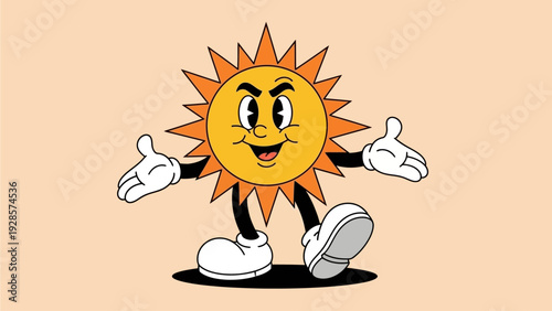 Cartoon sun character with big eyes and hands raised invitingly, standing against a light peach background with a cheerful, retro vibe