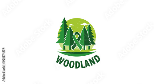 Woodland logo with green trees.