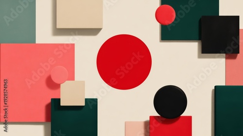 Abstract arrangement of colorful geometric shapes including circles and squares in red, black, beige, and green on a light background.