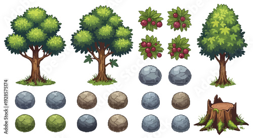 A collection of stylized vector assets for nature scenes, featuring various trees, berry bushes, rocks, and a tree stump in a game art style.