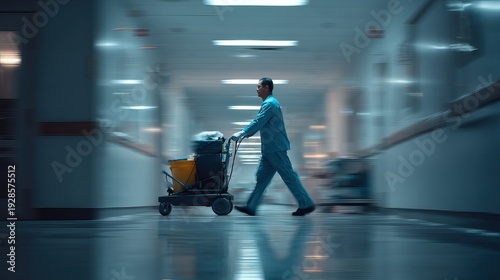 Janitor pushing cleaning cart in hospital corridor. AI generated image
