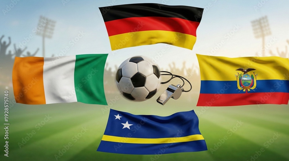 Fototapeta premium Flags representing different countries, including football and whistle elements