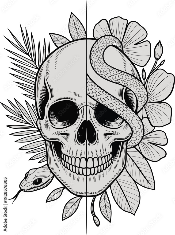 Fototapeta premium Skull with Tattoo and Wings Vector Illustration