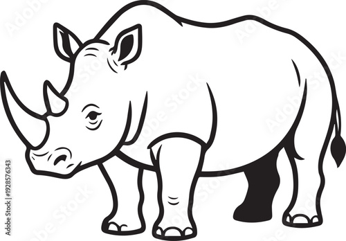 A striking illustration of a rhinoceros, a powerful icon of the African savanna, stands ready, its prominent horn a symbol of its strength and resilience.