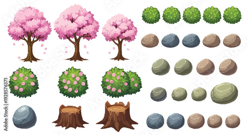A vibrant vector illustration featuring various stylized nature elements such as pink cherry blossom trees, green bushes, tree stumps, and an assortment of rocks.