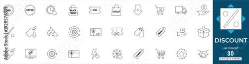 Discount line icon set featuring sale, offer, promotion, price, coupon, marketing, and retail. Professional editable vector set for ecommerce business
