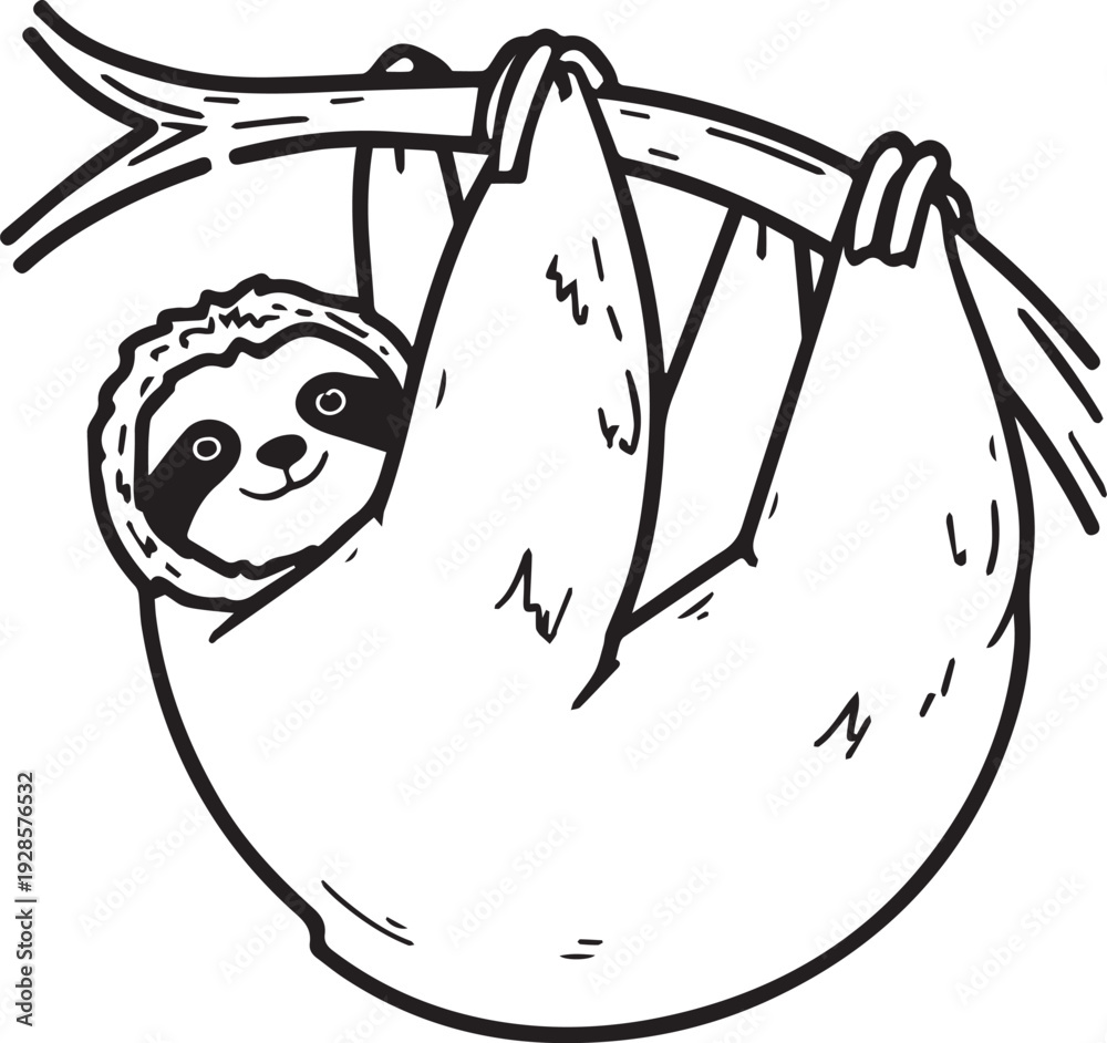 Fototapeta premium A charming sloth gracefully hangs from a tree branch, the minimalist illustration captures the adorable features of the sloth.