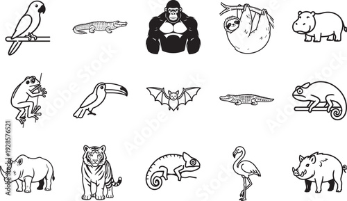 Line art array of diverse wildlife.