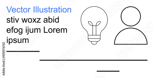 Creativity, innovation, user interface design, education, business strategy, idea generation. A lightbulb stands beside a person icon with placeholder text and lines. Creativity and innovation