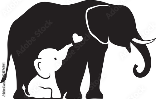 A heartwarming silhouette of an elephant and a baby standing together