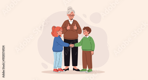 Happy Grandmother Encouraging Kids to Make Peace and Shake Hands Illustration
