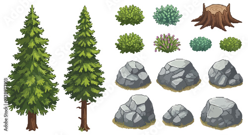 A collection of stylized game assets featuring two evergreen trees, a tree stump, five distinct bushes, and six rocks, all on a white background.
