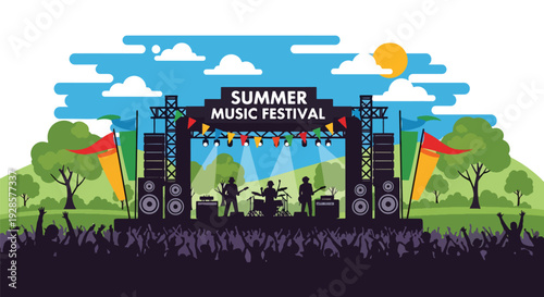 Modern vector illustration of outdoor summer music festival stage with live band, speakers and cheering crowd silhouettes celebrating vibrant concert culture in sunny park setting