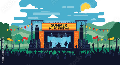 Modern vector illustration of outdoor summer music festival stage with live band, speakers and cheering crowd silhouettes celebrating vibrant concert culture in sunny park setting