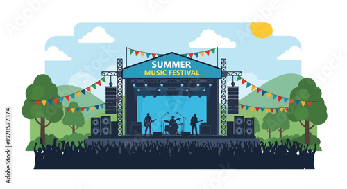 Modern vector illustration of outdoor summer music festival stage with live band, speakers and cheering crowd silhouettes celebrating vibrant concert culture in sunny park setting
