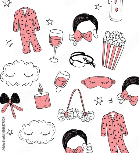 Cute sleepover doodle pattern, girly pajama party elements with popcorn, wine glass, eye mask and cozy night accessories illustration