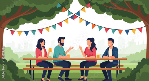 Modern vector illustration of summer beer garden with friends sitting at long tables under flags celebrating relaxed outdoor social lifestyle and seasonal festival culture
