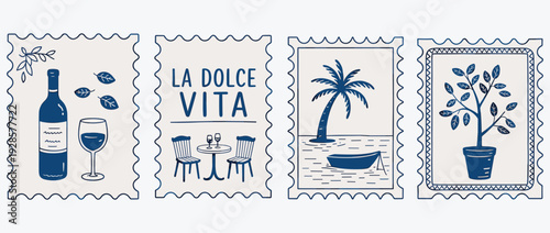 La Dolce Vita Mediterranean illustration set, vintage travel lifestyle stamps with wine, seaside palm, cafe scene and botanical decorative artwork