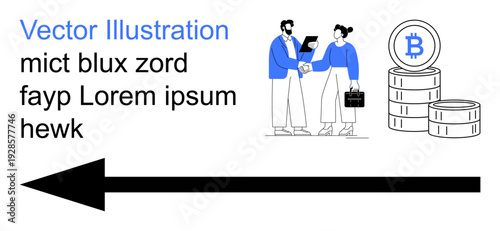 Finance, cryptocurrency, business collaboration, blockchain, investment, decision-making. Two business people shaking hands near Bitcoin symbol and stack of coins. Finance and cryptocurrency concept