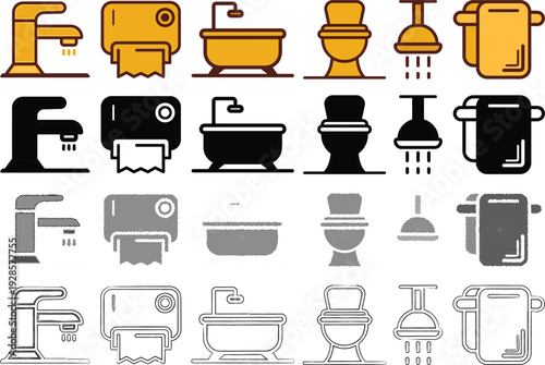 Set of bathroom icons featuring faucets toilets bathtubs and showers in different styles and colors