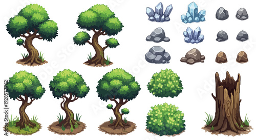 A set of isometric, stylized vector assets showcasing diverse trees, bushes, rocks, and crystals, alongside a tree stump, for natural environments.