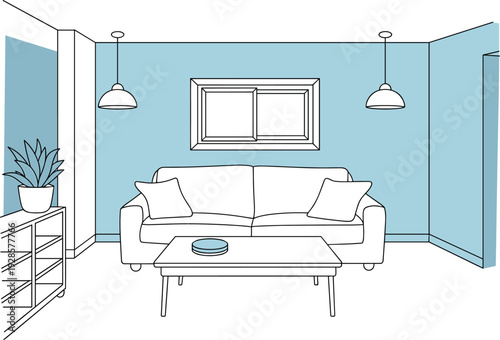 Modern living room interior line art illustration, minimalist home furniture design with sofa, table, lamp and decorative plant background