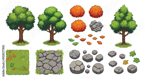 Vector nature game assets, showcasing diverse green trees, orange bushes, scattered leaves, stone elements, and grassy ground tiles, ideal for environmental design.