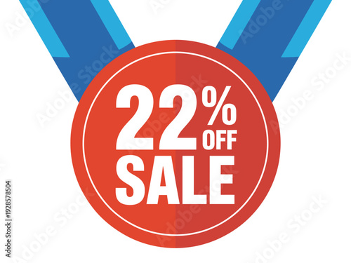 Red circular badge announces twenty-two percent off sale promotion hanging from blue.