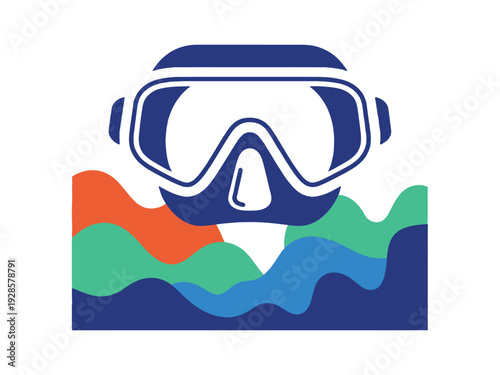 Blue diving mask hovers above colorful abstract underwater wave shapes below it.