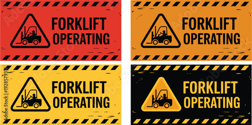Forklift Operating Warning Signs, colorful safety icons, industrial machinery caution symbols vector set.