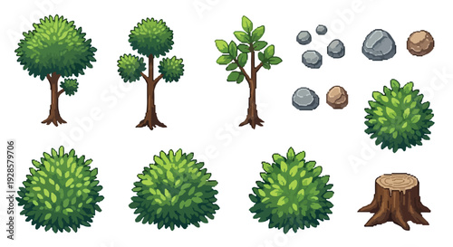 A collection of pixel art nature assets featuring diverse trees, leafy bushes, various rocks, and a tree stump.