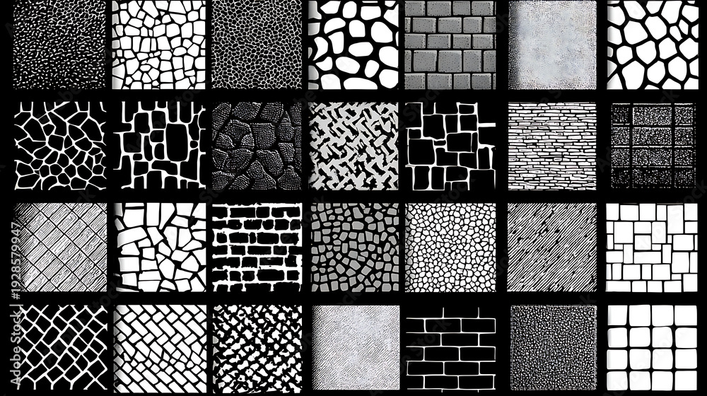 Fototapeta premium Grid of black and white abstract and textured patterns Keywords: abstract, pattern, texture