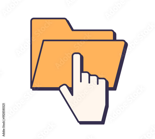 Folder selection, interactive digital directory with hand cursor choosing a document tab, organized file management and structured data access, clean modern interface icon flat vector illustration.