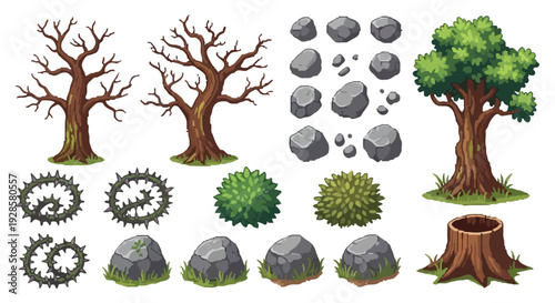 This vector graphic showcases a variety of natural elements, including bare and leafy trees, rocks, bushes, thorny vines, and a tree stump, suitable for game design.