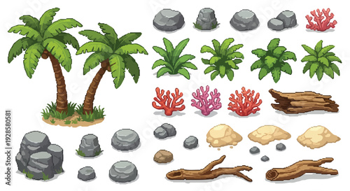 A diverse collection of isometric pixel art assets for games, featuring palm trees, rocks, bushes, corals, sand piles, and driftwood.