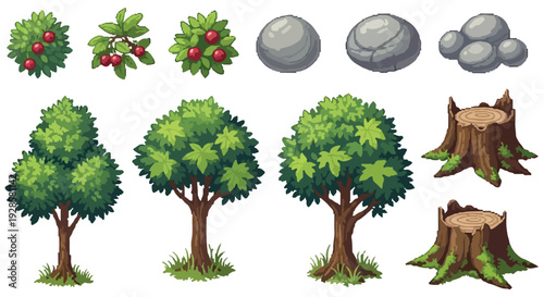 A diverse collection of stylized nature elements, featuring berry bushes, different tree types, assorted rocks, and tree stumps, ideal for game assets or illustrations.