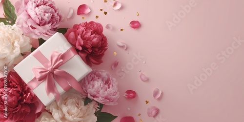 Luxury floral gift mockup with blush ribbon, blooming peonies, and dreamy bokeh—perfect for wedding and Valentine promotions