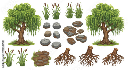 A vector set of diverse nature elements, including weeping willow trees, cattail plants, various rocks, and exposed tree roots.