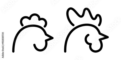 Chicken and rooster outline icons. Minimal poultry symbols representing farming, agriculture, food production and rural design themes.