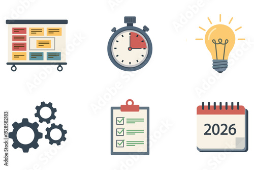 Business strategy icons: planning, time, idea, process, checklist, and calendar