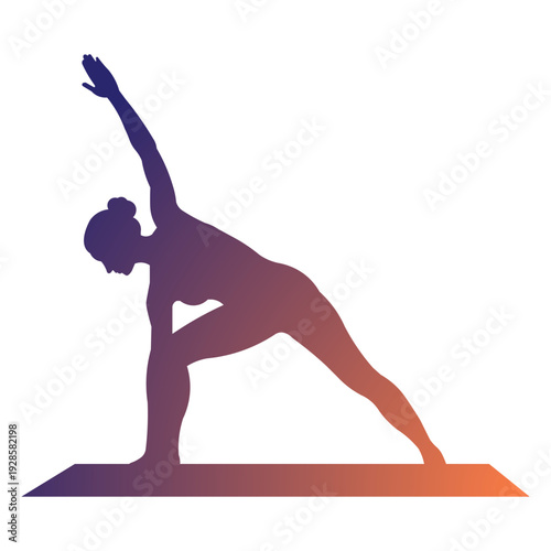 Silhouette of a woman performing Utthita Trikonasana yoga pose on a mat