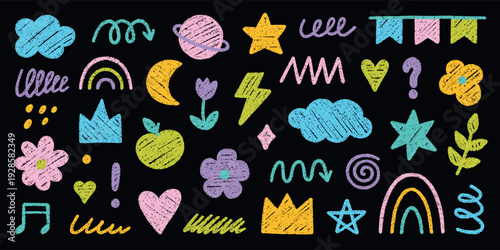 Kid chalk doodle and crayon kindergarten hand drawn icons set. Cute pencil preschool elements. Hand drawn childish scribble rainbow, stars, flower, crown in sketch style