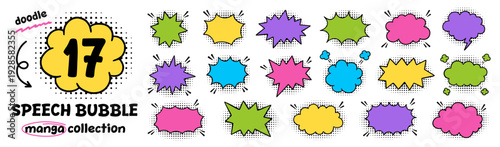 Comic cartoon speech bubble frame set. Explosion and exclamation doodle elements, pop art outline frames and manga speech balloon in sketch style. Hand drawn vector illustration isolated on white back