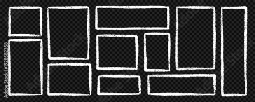 Chalk Frames and text boxes doodle set. Rectangle and square shapes, grunge crayon borders and Cadre uneven in sketch style. Hand drawn vector illustration isolated on black background