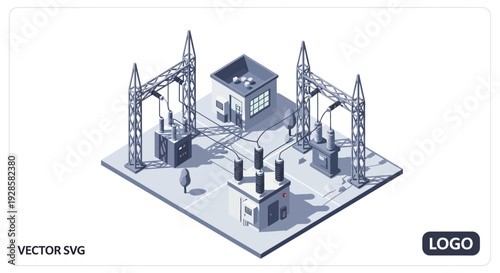 Isometric illustration of a modern electrical substation with transformers, control building, and power lines, rendered in a clean, monochromatic style.